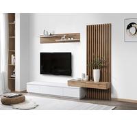 Vep Home Composicion de Comedor con Mesa TV y Panelado Rebeca, Color Blanco y Roble.