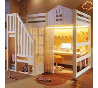 Vepssder Cama alta de 140 x 200 cm, diseño de ventana con luz LED, escalera portaobjetos, compartimentos de almacenamiento abiertos, estructura de red, colchón no incluido, blanco + madera natural