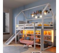 Vepssder - Cama entrepiso infantil con tira LED, tobogán y estante, cama cabaña infantil 90 x 200, marco de cama infantil 90 x 200 con protector y somier de láminas, color blanco
