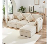 Vepssder Sofá tapizado, moderno, sofá esquinero en L con reposapiés y cojines, sofá de 3 plazas (B-Beige + oruga)