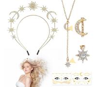 VEQENIFY Diadema con estrellas doradas para el pelo, diseño de sol, luna, estrellas, luna y sol, con estrellas, luna, collares y 2 lunas, tatuaje facial temporal para mujer, niña, carnaval, fiesta