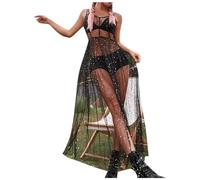 Verano 2026 Star Mesh Bikini Cover Up Vestido Sheer Slim Fit Sexy Beach wear con patrón celestial, Negro , XL