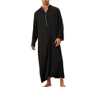 Verano Caftán Hombres Jilbab Musulmán Túnica de Oración para Hombres Ropa Islámica Thobe Marruecos Afgano Árabe Túnica Abaya Étnica Maxi Vestido, Negro , M
