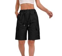 Verano de Las Mujeres Ligero Secado rápido Elástico Corte de Carga Corta Cable Espejo Ancho Tren con Bolsillos (Black,S)