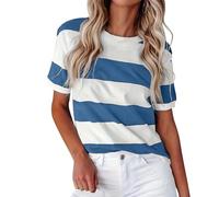 Verano Frontera Europea Americana Moda Rayas Estampado Cuello Redondo Manga Corta Casual T Camiseta Mujeres, marine, S