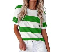 Verano Frontera Europea Americana Moda Rayas Estampado Cuello Redondo Manga Corta Casual T Camiseta Mujeres, verde, L