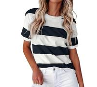 Verano Frontera Europea Americana Moda Rayas Estampado Cuello Redondo Manga Corta Casual T Camiseta Mujeres, Negro , XL