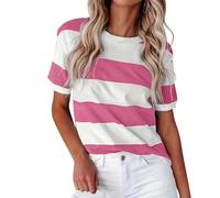 Verano Frontera Europea Americana Moda Rayas Estampado Cuello Redondo Manga Corta Casual T Camiseta Mujeres, rojo, XL