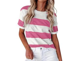 Verano Frontera Europea Americana Moda Rayas Estampado Cuello Redondo Manga Corta Casual T Camiseta Mujeres, rojo, S