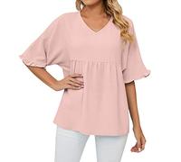 Verano manga corta plisado cuello en V Color sólido Tops Casual camiseta envoltura superior mujer, rojo, XXL
