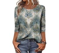 Verano Mujer, Cómoda Cuello Redondo Personalizadas Lisas Lino Estampado Cuello En V Casual Elegante Basica Manga 3/4 Floral Moda Oversize Bonita Camisetas Mujer Verano,S