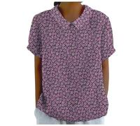 Verano Mujer Elegante Solapa Cuello Redondo Camisa de Lino Impreso Suéter Suelto Casual Camiseta Amplia Túnica de Corte Ancho, morado, S