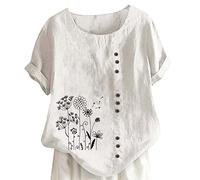 Verano Mujer Manga Corta Cuello Redondo Estampado Manga Corta Dobladillo Ranura Camiseta Botón Decoración Slim Camisa Top Mujer Blusas Verano, Blanco, XL