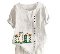 Verano Mujer Manga Corta Cuello Redondo Manga Corta Dobladillo Ranura Camiseta Botón Decoración Slim Top Glitter Top, Blanco, XXL