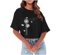 Verano Mujeres Casual Manga Corta Cuello Redondo Camisetas Ligeras Suave Casual Carta Estampado Tops Ropa Mujer Top Brillo, Negro , S