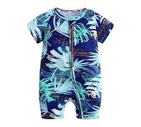 Verano Recien Nacido Bebé Mameluco Monos, Moda Estampado Unisexo Jumpsuit de Manga Corta de Algodón Bodies Pelele Body Ropa Pijama para Niñas Niños (66cm,Hojas Azules)
