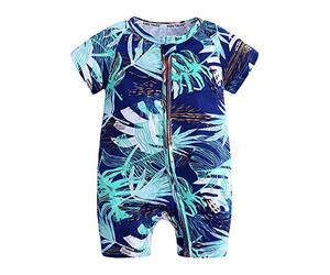 Verano Recien Nacido Bebé Mameluco Monos, Moda Estampado Unisexo Jumpsuit de Manga Corta de Algodón Bodies Pelele Body Ropa Pijama para Niñas Niños (80cm,Hojas Azules)