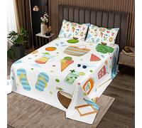Verano Sea Beach Quilt Juego de ropa de cama tamaño M, acuarela Linda fruta y bebida Ropa de cama Coverlet para niñas adolescentes, chanclas hojas de palma botánico suave poliéster edredón, toda la