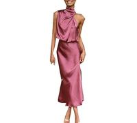 Verano Temperamento Mujeres Sin Mangas Cuello Colgante Color SóLido Cintura Alta Vestidos Casual CóModo