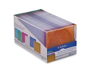 Verbatim Cajas delgadas para discos de almacenamiento para CD, DVD, Blu-Ray, 0.2 pulgadas, colores surtidos, paquete de 50 (40 transparentes, 10 colores) -71128