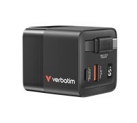 VERBATIM Cargador de red GaN 65W 2 conexiones US/EU/UK ADP - cable USB-C retráctil integrado