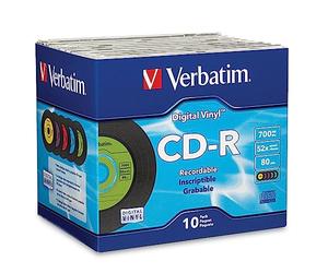 Verbatim CD-R Discos en Blanco de 700 MB 80 min 52X Disco grabable para Datos y música con Superficie de Vinilo Digital - 10 Unidades Slim Case Azul/Verde/Naranja/Rosa/Púrpura
