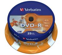 Verbatim dvd-r 4.7gb 16x bobina 25 imprimible inkjet superficie blanca 120 minutos advanced azo