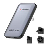 Verbatim Essentials Slim GaN cargador 65W, 2X USB-C, adaptador de viaje | in nchufe de EE. UU. y adaptador de viaje UE y Reino Unido, diseño delgado, compatible con iPhone 17, Galaxy S26