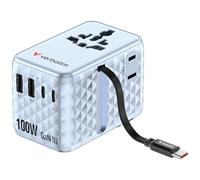 Verbatim GAN - Adaptador de Viaje de 100 W, Color Azul, Adaptador de Enchufe con Cable Integrado y 2 Puertos USB-C, USB-A, USA/JP, Cargador rápido Universal para MacBook, portátil, iPhone 17, Uso