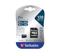 Verbatim Pro U3 - Tarjeta de Memoria Micro SDXC con Adaptador, 128 GB, Memoria de Datos para grabación de vídeo 4K Ultra HD, Tarjeta Micro SD en Negro, Ideal para cámaras de acción, videocámaras,