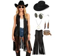 Verceco Trajes de vaquera occidental de 6 piezas para mujer, disfraz retro de vaquera, chaleco con flecos, sombrero de vaca para mujer, estilo hippie de los años 70 (negro largo, talla M)