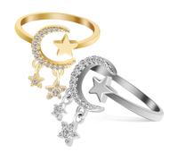 VERDANVERSE 2 piezas Anillos Abiertos Ajustables para Mujer Diseño Estrella y Luna Cobre con Circonita para Uso Diario y Ocasiones Especiales