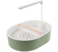 VERDANVERSE Bañera para Pájaros con Doble Ducha Automática y Bomba Ajustable, Bañera Interior para Loros y Periquitos, con Tubo Transparente de 20 Cm, Base de Pino y Cuenco Azul Gris Verdoso,