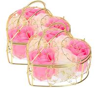 VERDANVERSE Juego 2 Jabones Decorativos de Rosa Artificial, Set de 6 Flores en Canasta Metálica, Colores Rosado y Crema, Obsequio para Baño y Cuidado Personal en San Valentín