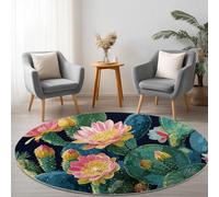 Verde Alfombra Redonda Lavable, Alfombras de Pelo Corto Elegante Planta Flor Cactus - Alfombra Redonda Antideslizante para Sala de Estar Dormitorio y Habitación Infantil 180 cm
