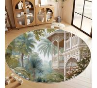 Verde Azulado Alfombra Redonda Lavable, Alfombras de Pelo Corto Vintage Elegante Encantador Arquitectura - Alfombra Redonda Antideslizante para Sala de Estar Dormitorio y Habitación Infantil 180 cm