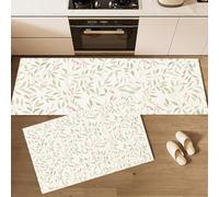 Verde Claro Juego de 2 Tapetes de Cocina, Ramas, Hojas Y Pequeñas Flores. Alfombrillas Plantas Simples, Tapetes Antideslizantes Lavables de Goma, Accesorios Decorativos de Cocina - 50x80+50x150cm