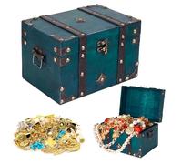 Verde Cofre del Tesoro, 22x15x13.5cm Caja de Madera Vintage, Cofre del Tesoro de Madera Con Tapa, Cofres del Tesoro Pirata para Regalo, Decoración y Almacenamiento/Exhibir,Almacenar Collares y Aretes