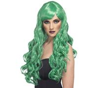 Verde Desire Peluca Largo Rizado Con / Flequillo Adulto Mujer Nueva para Disfraz