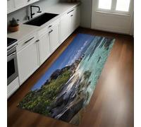 Verde Esmeralda Alfombra de Cocina 60 x 180 cm Cielo Azul y Nubes Blancas sobre la Isla Antideslizante y Lavable, Camino Multiusos Resistente al Desgaste, Ideal para Bajo Fregadero y Fogones