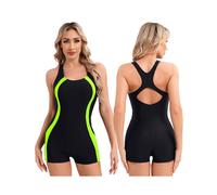 (Verde fluorescente-L) Costume da bagno sportivo da donna, senza maniche, con gamba a palloncino, intero,