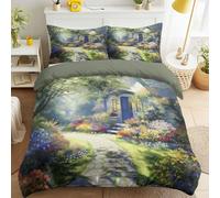 Verde Funda Edredon Cabaña de Jardín Camino de Piedras Flores Frescas Césped Verde Cómodo, Artístico Realista Funda Nordicas de Estampada tranquilo & Cremallera Funda Nordica para Mujer - 135 x 200