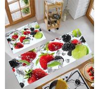 Verde Juego de Alfombras de Cocina de 2 Piezas, Alfombras de Fresa Mora Lima, Antideslizantes Estilo Fresco Tapetes de Cocina para Pasillo Entrada Lavandería, 50x80cm+50x150 cm