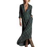Verde,L,Vestido Camisero Largo de Manga Larga con Cuello en V para Mujer, Estilo Vintage, Elegante, Estilo Country Western, Estilo Maxi, a Cuadros