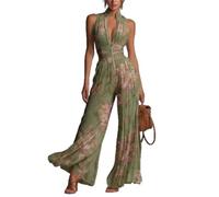 ,Verde,M,Mono de Pierna Ancha con Cuello Alto, Sexy, con Cuello Colgante, sin Mangas, de Cintura Alta, Casual, con Pliegues, Mono para IR al Trabajo
