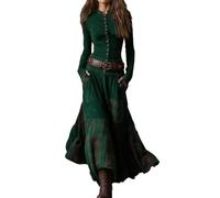 Verde,M,Vestido Maxi Occidental Vintage para Mujer, Vestido Informal de otoño con Manga Larga y Cuello levantado, Vestido Largo Ajustado de Gamuza con retales a Cuadros
