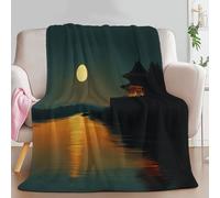 Verde Medianoche Manta para Sofá Escena Nocturna Edificios Acuáticos Luna Manta para Cama Suave, Franela Polar Cálida para niñas y niños - Acogedora y Ligera para Todas Estaciones, 180 x 220 cm
