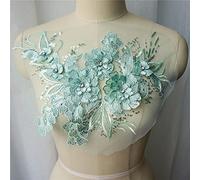 Verde menta 3D flor hoja tela de encaje lentejuelas diamantes de imitación vestido bordado apliques cuello malla coser parche para decoración de boda