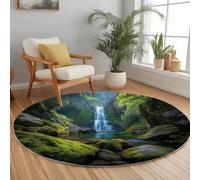 Verde Oliva Alfombra Salon Redonda 60 cm, Cascada Bosque Rocas patrón Alfombra Lavable Lavadora Alfombra Dormitorio, Moderno Alfombras Comedor Antideslizante para Cocina Halls Balcón