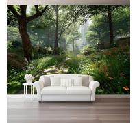 Verde Oliva Papel pintado fotográfico 400 x 280 cm - No tejido Belleza Bosque Flores Insectos 3D Mural Decoración de pared Póster Imagen para dormitorio Sala de estar Fondo de TV